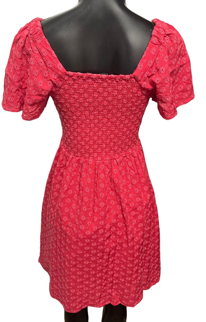 XS Madewell Eyelet Lucie Smocked Mini Dress Pockets Pink