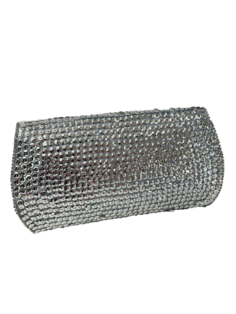Vintage 1960s Silver Sequin Clutch Handbag Satin Interior 8" x 4.5"