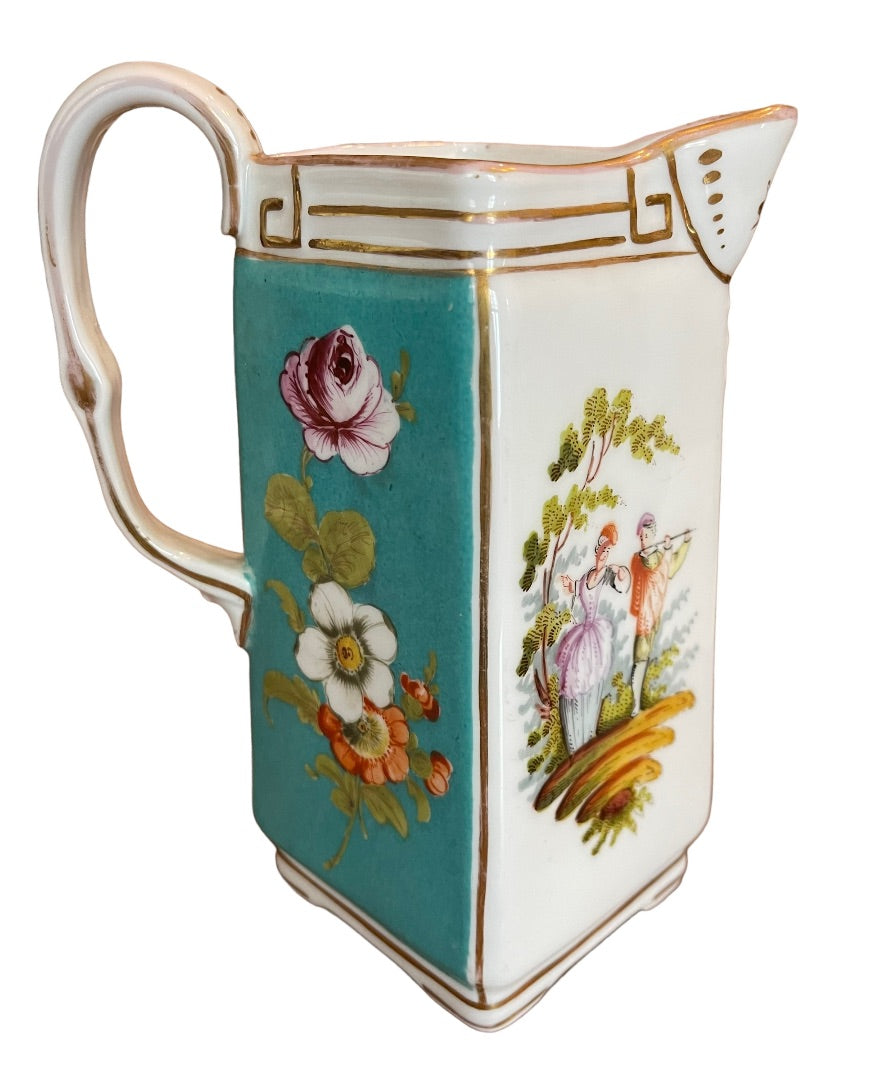 Vintage German Dresden Jug Pitcher Victorian Serenade Scene Handled Teal