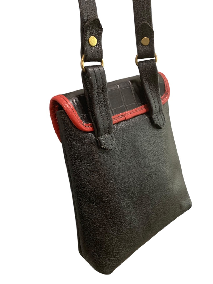 Vintage 1990s Black Red Leather Flap Satchel Hip Bag