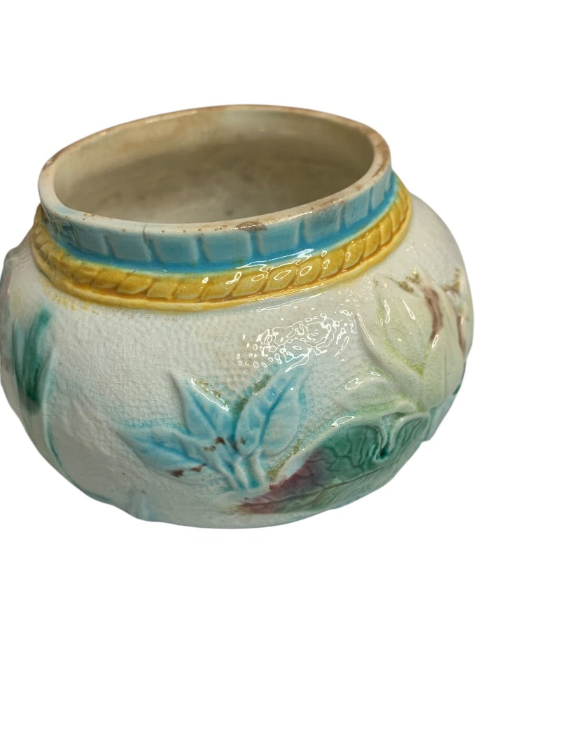 Antique Majolica Water Lily Pond Jar 3.5 Inch High Marked "D"