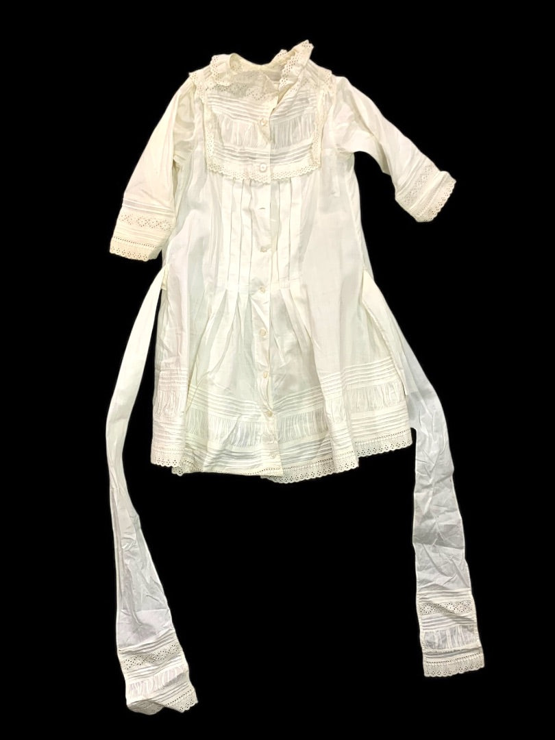 Antique Victorian Girls Gown Dress Eyelet 1800s Button Front Sash