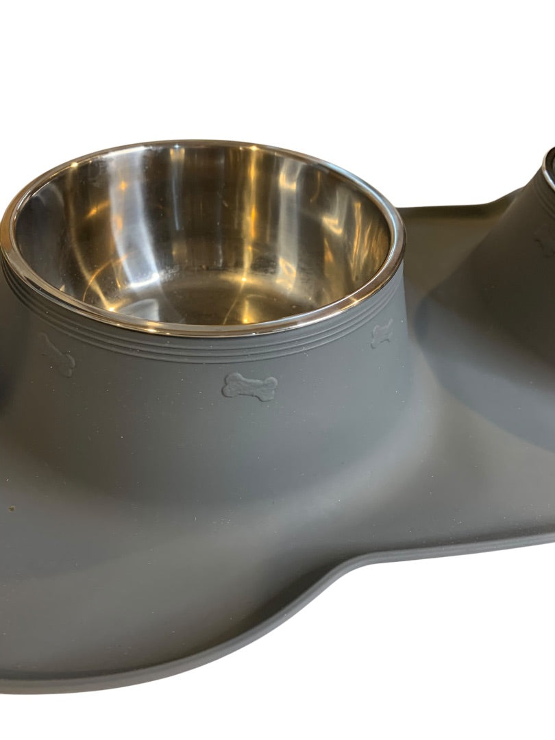 Dog Food Bowls Stainless Steel No Spill Non-Skid Mat Gray