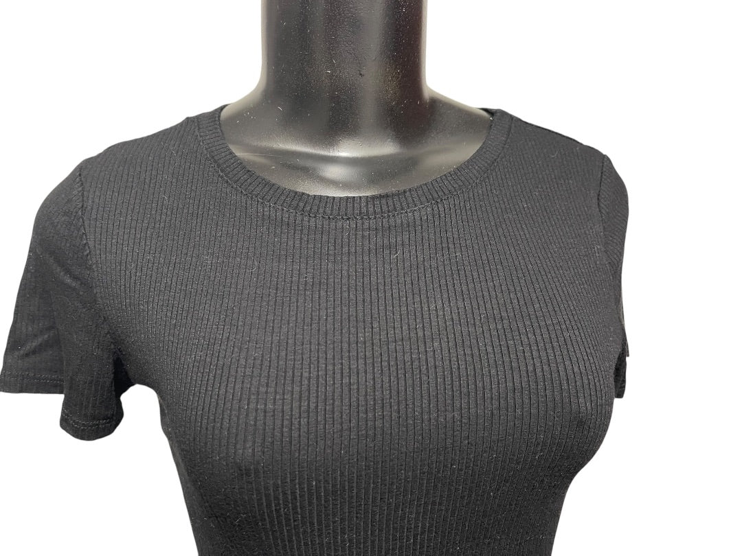 Medium Hashtag In Trend Short Sleeve Ribbed Womens Top Black