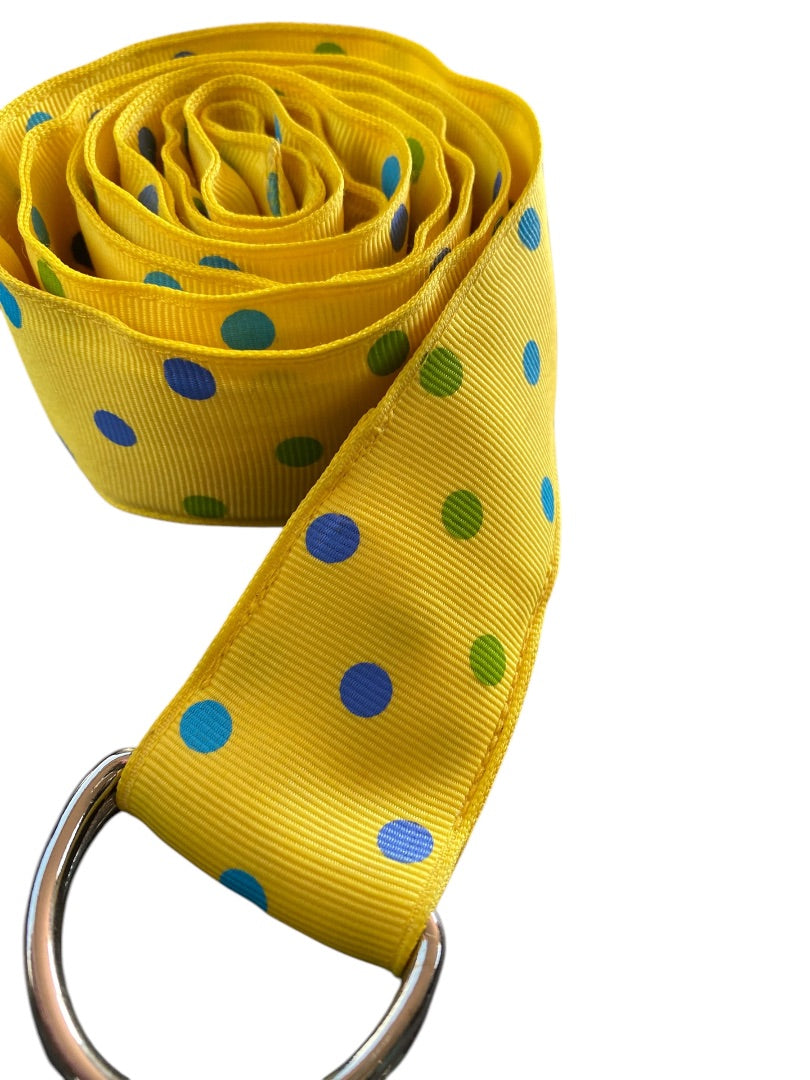 XL Womens D-Ring Ribbon Belt Preppy Yellow Polka Dot 1.5 Inch Width