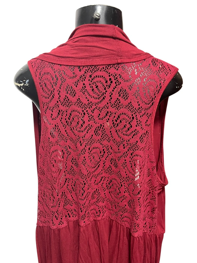 XL Coldwater Creek Womens Burgundy Open Vest Tunic Lace Detail