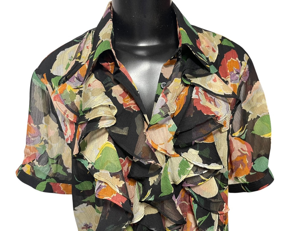 XL Lauren Ralph Lauren Sheer Floral Ruffled Button Down Blouse New Womens