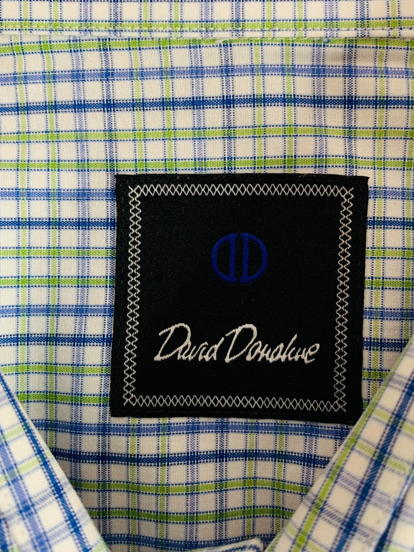 17.5 (32/33) David Donahue Mens Button Up Dress Shirt Plaid Blue Green