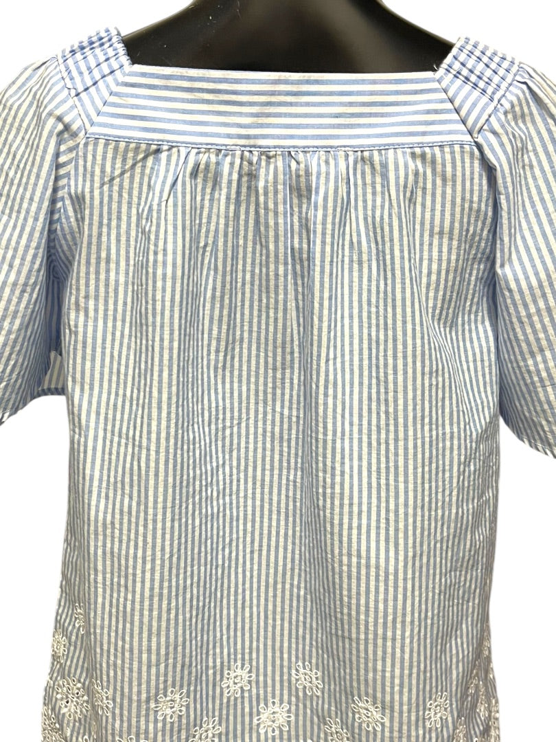 XS Loft Womens Flowy Blouse Shirt Striped Embroidered Blue White