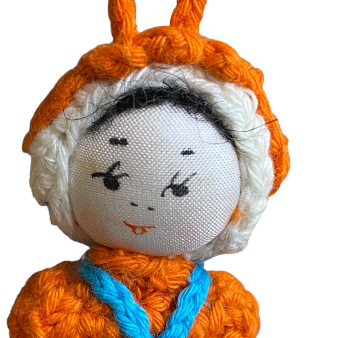 Vintage Amigurumi Japanese Crochet Girl Doll 2" Silk Face Orange