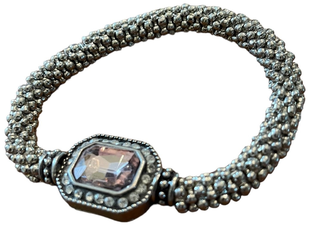 Silvertone Roll On Stretch Bracelet Pink Faceted Glass