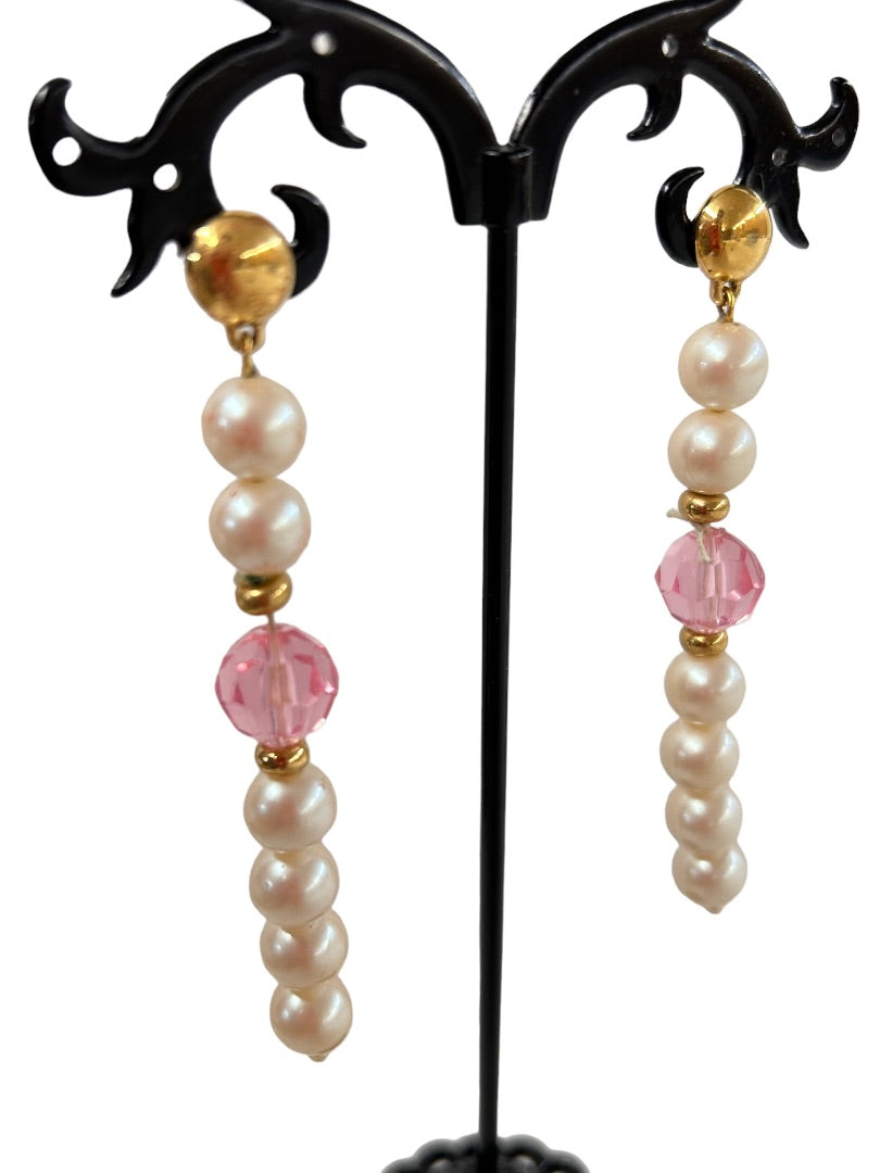 Vintage 3" Dangle Drop Earrings Post Pierced Faux Pearl Pink Beads