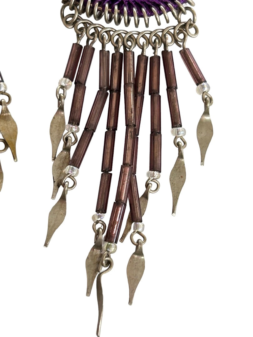 Dreamcatcher Hook Pierced Earrings Purple Silvertone 4.25" Drop Dangle