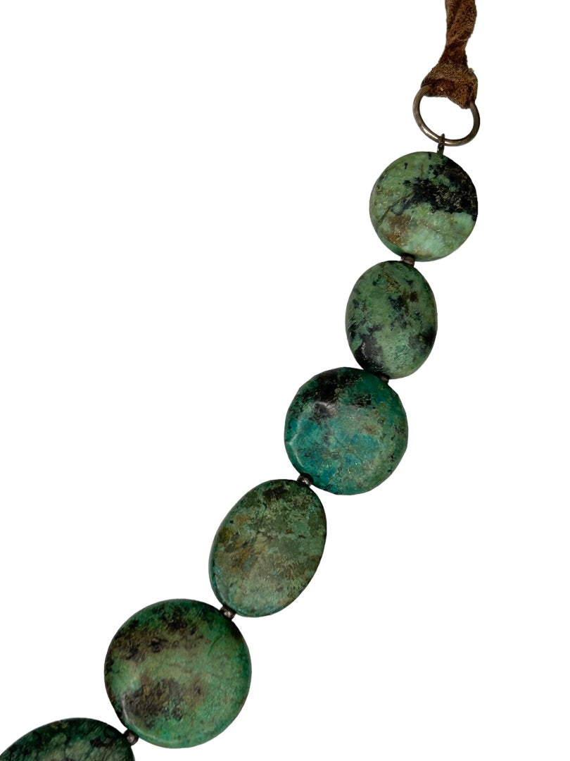 Natural Green Stone Flat Lay Necklace 22" on Leather Cord Lobster Clasp