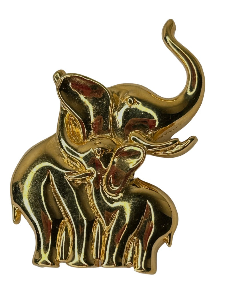 Vintage Goldtone Signed LR Lady Remington Mom Baby Elephant Figural Brooch Pin