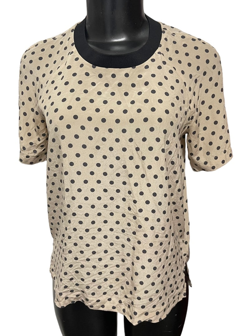 XS Madewell Short Sleeve Polka Dot Womens Silk Blouse Zipper Black Tan