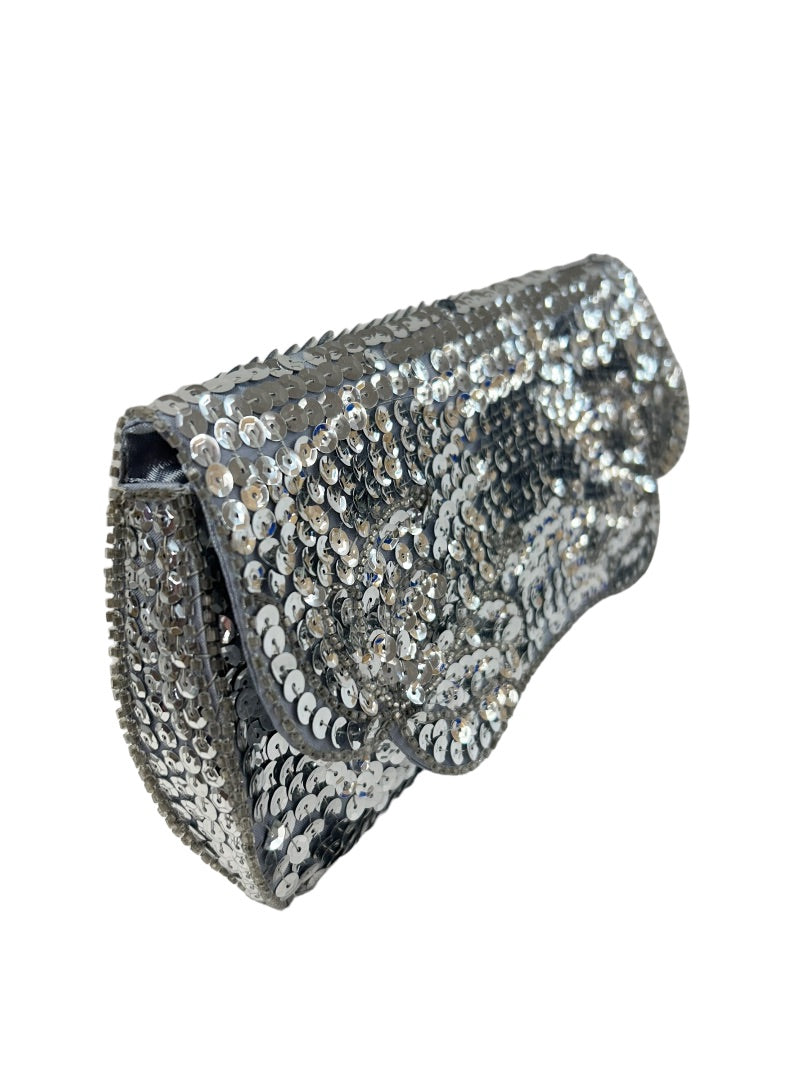 Vintage 1960s Silver Sequin Clutch Handbag Satin Interior 8" x 4.5"