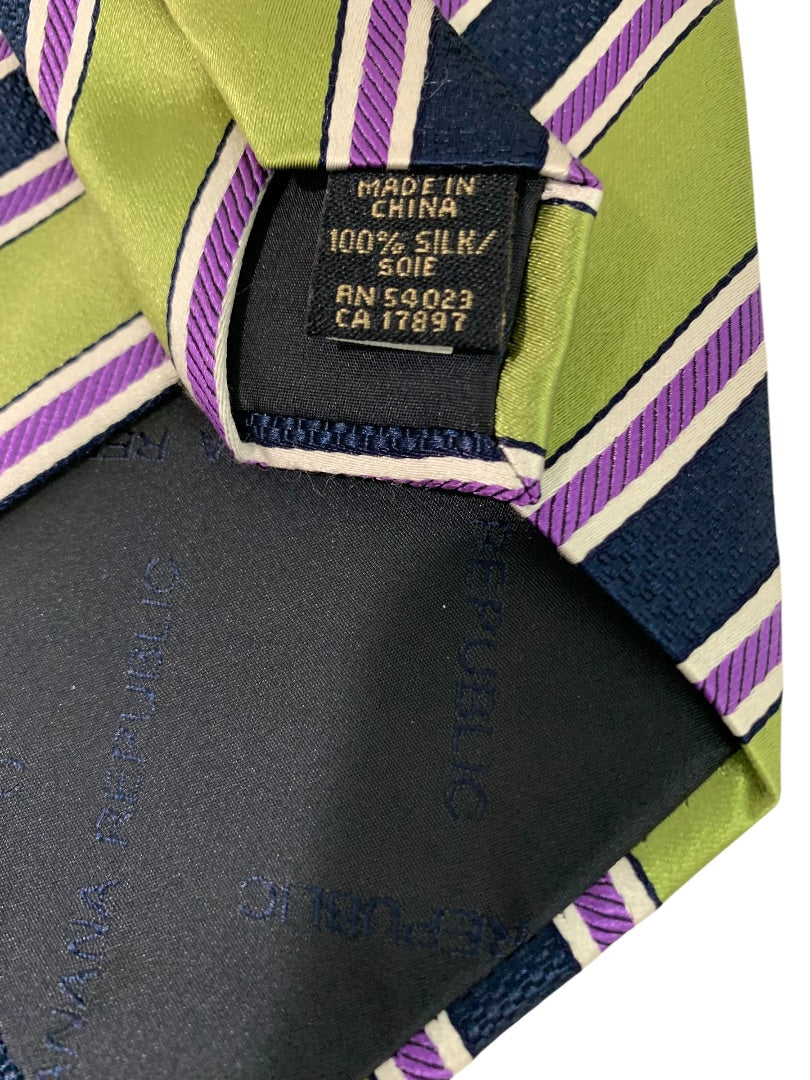Banana Republic Mens 59 Inch Necktie Tie Silk Green Purple Diagonal Stripe