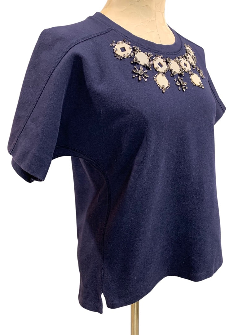 Small J.Crew Womens Navy Blue Ponte Knit Embellished Neckline Shirt