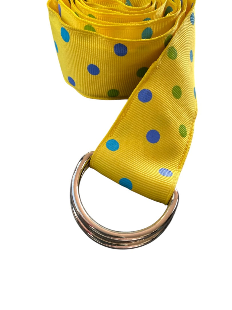 XL Womens D-Ring Ribbon Belt Preppy Yellow Polka Dot 1.5 Inch Width