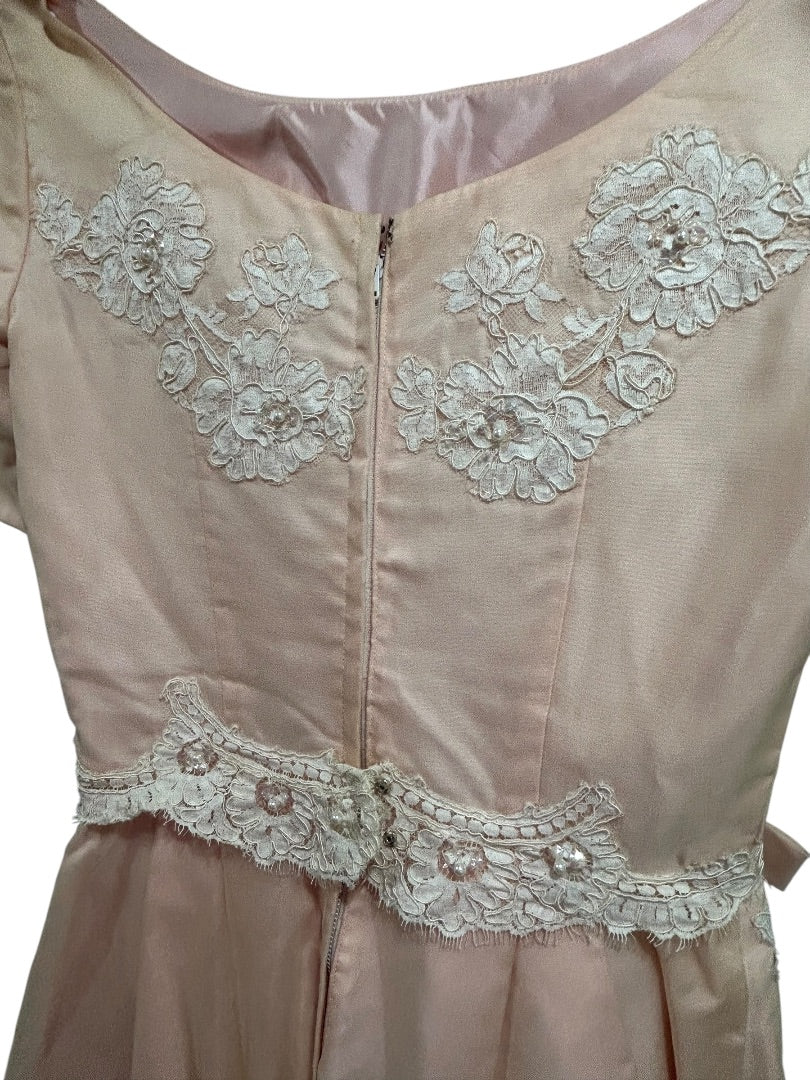 Vintage Handmade Dress Pink Lace Applique Formal 50s Tea Length