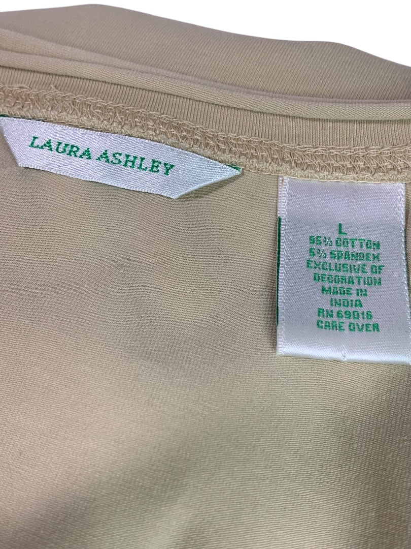Large Laura Ashley Womens Tan Tshirt Embellished Embroidered Short Sleeve
