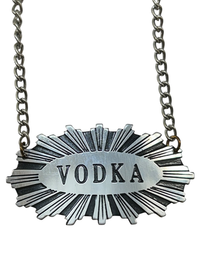 Silvertone Vodka Label Tag on Chain Starburst Design 2 Inch