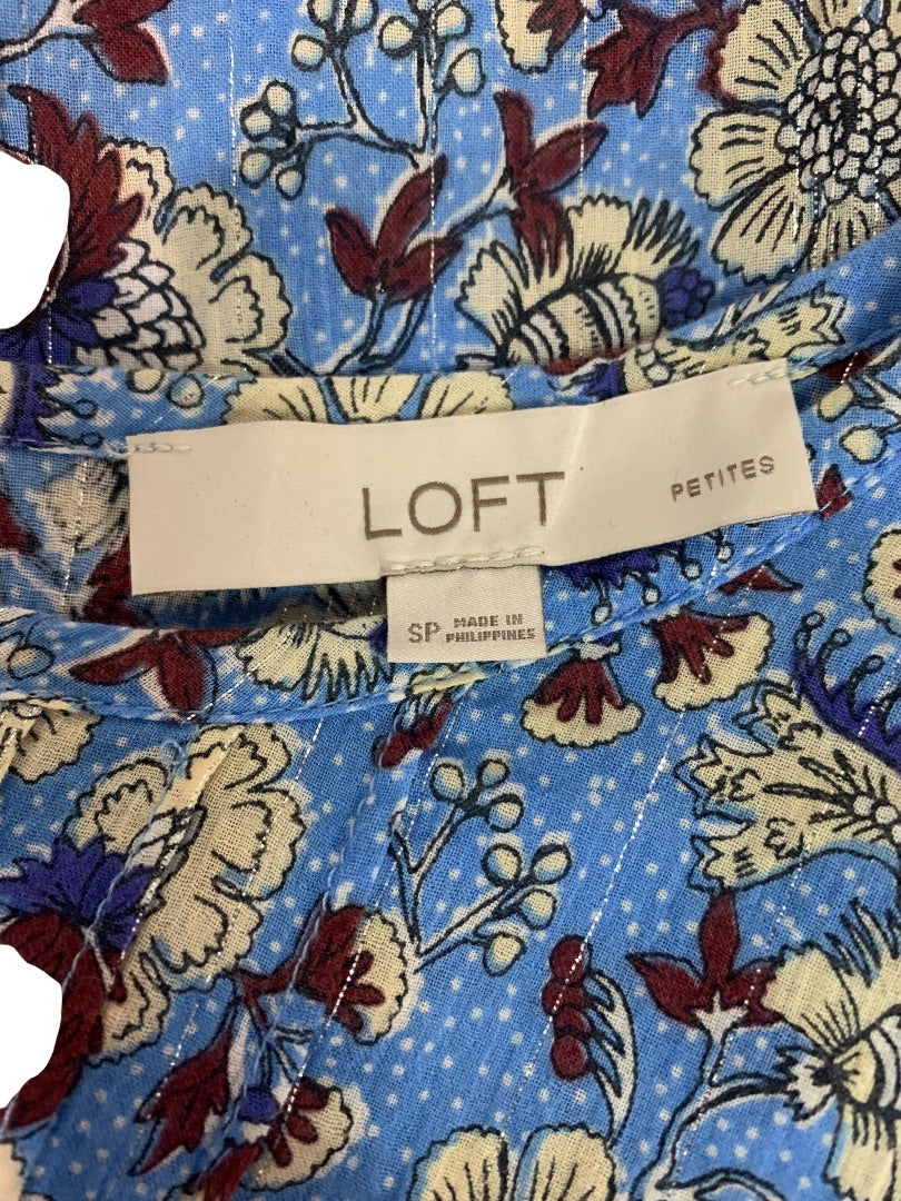Small Petite Loft Womens Sheer Floral Metallic Threaded Half Sleeve Blouse