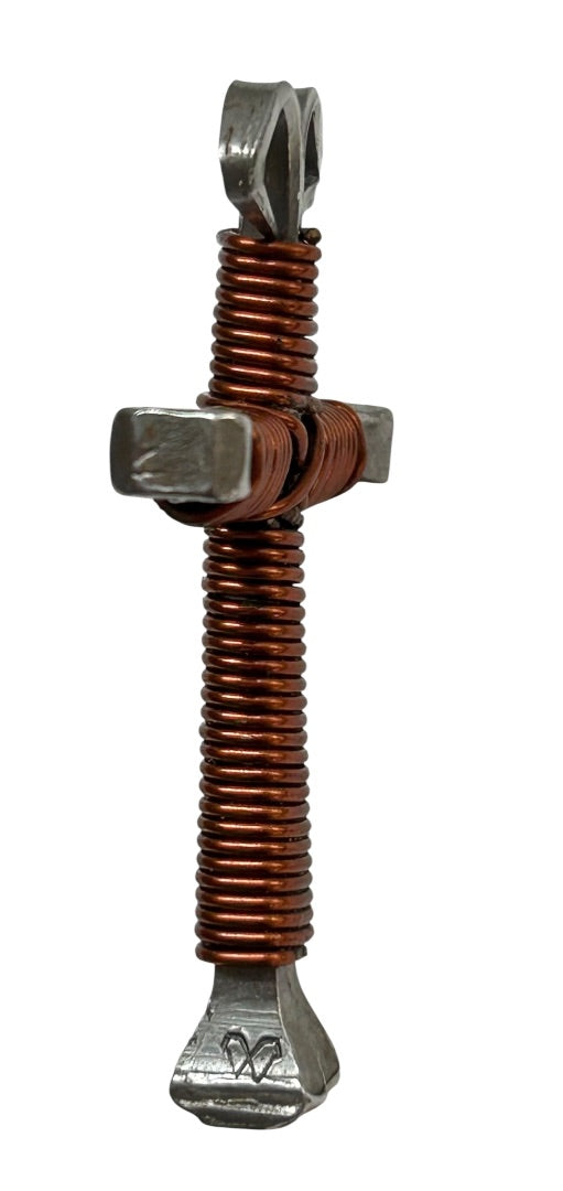 Silvertone and Copper Color Wrapped Cross Pendant Funky 1.75"