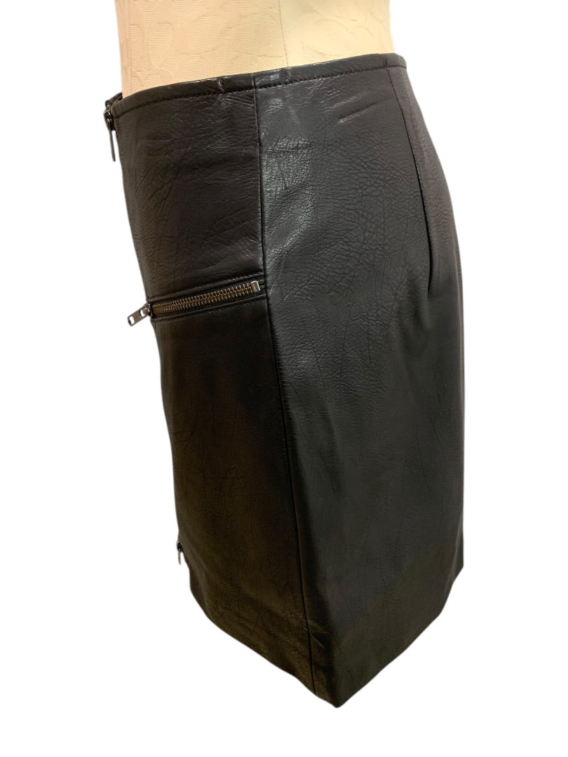 Small Leith Black Moto Style Vegan Leather Mini Skirt 15" Length
