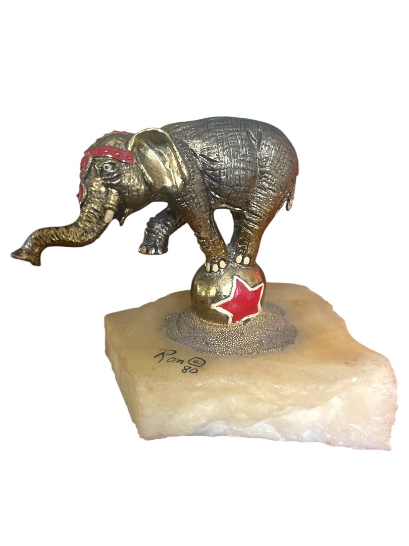 1980 Ron Lee Sculpture Circus Elephant on Ball Quartz Signed Goldtone