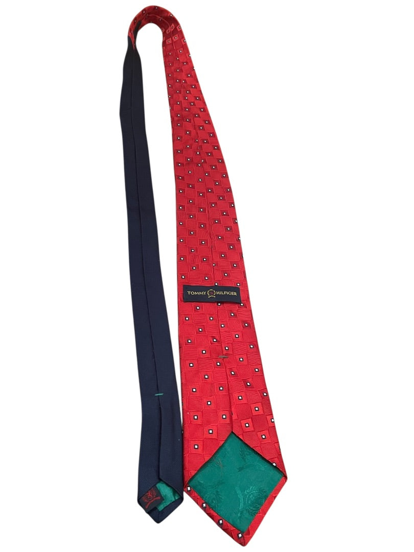 Tommy Hilfiger 100% Silk Classic Block Pattern Tie Red Mens Necktie 58"