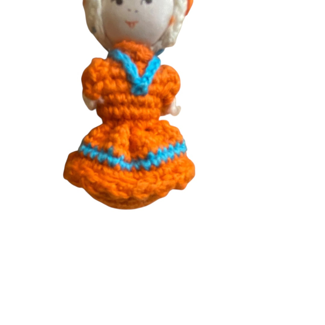 Vintage Amigurumi Japanese Crochet Girl Doll 2" Silk Face Orange