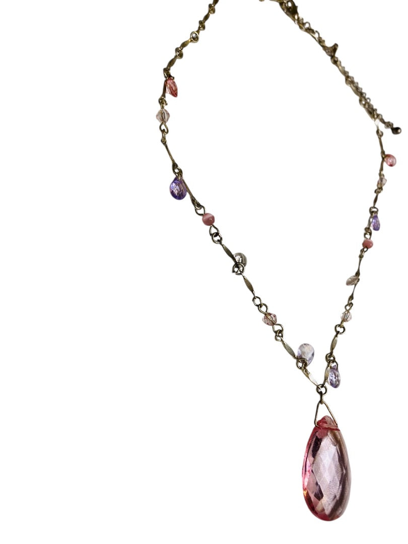 Silvertone Pink Beaded Necklace Spring Clasp 16-19"