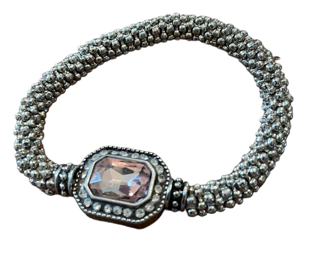 Silvertone Roll On Stretch Bracelet Pink Faceted Glass