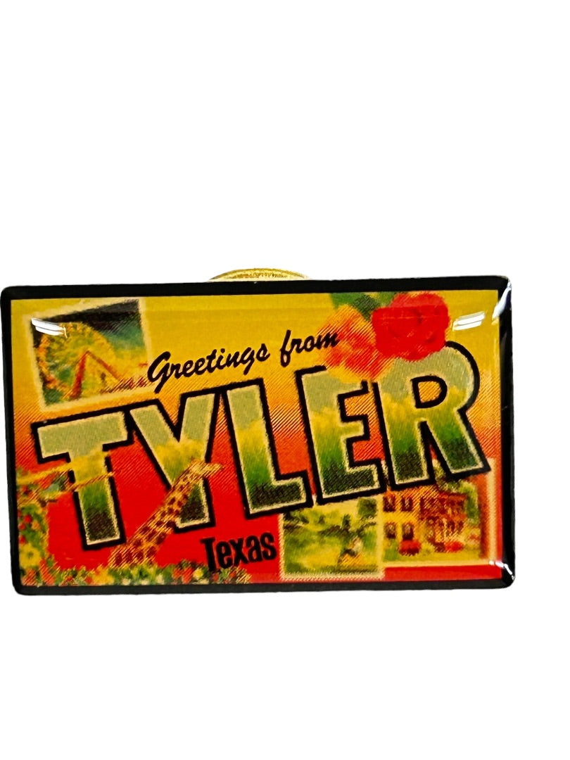Tyler Texas Resin Lapel Pin Red Rose 1" Greetings From Postcard Style