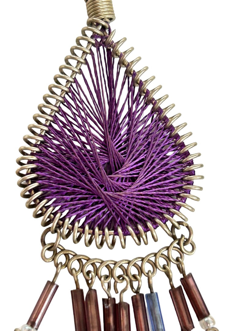 Dreamcatcher Hook Pierced Earrings Purple Silvertone 4.25" Drop Dangle
