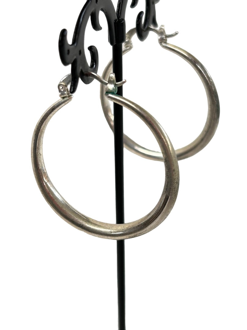Silvertone Lever Hoop Earrings 1.75" Diameter Pierced