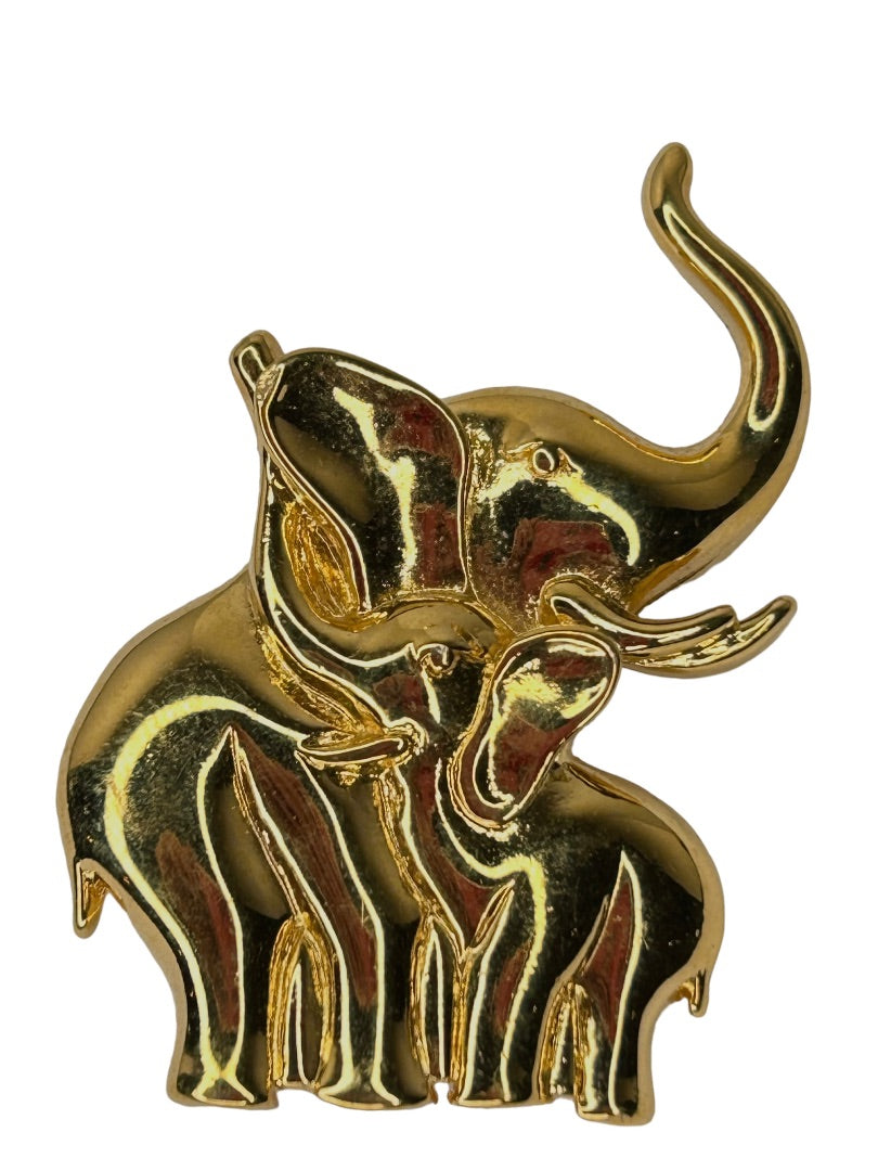 Vintage Goldtone Signed LR Lady Remington Mom Baby Elephant Figural Brooch Pin