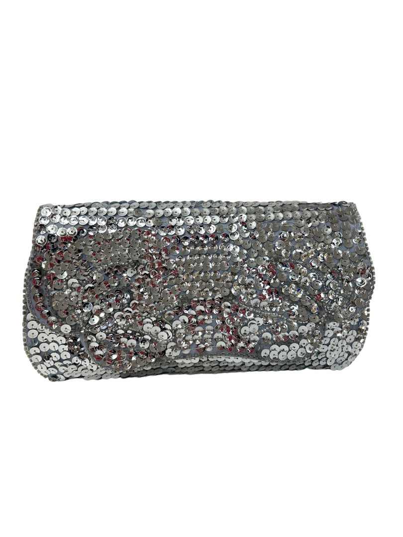 Vintage 1960s Silver Sequin Clutch Handbag Satin Interior 8" x 4.5"