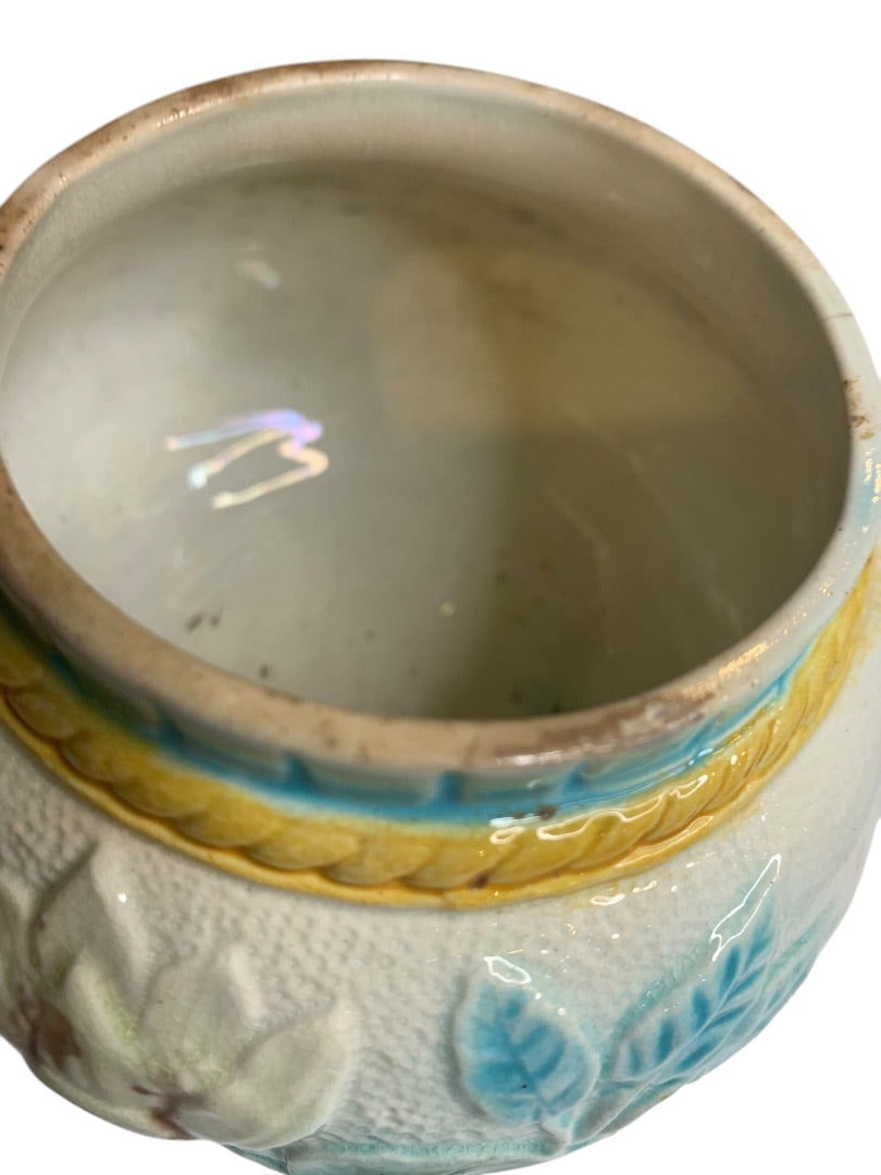 Antique Majolica Water Lily Pond Jar 3.5 Inch High Marked "D"