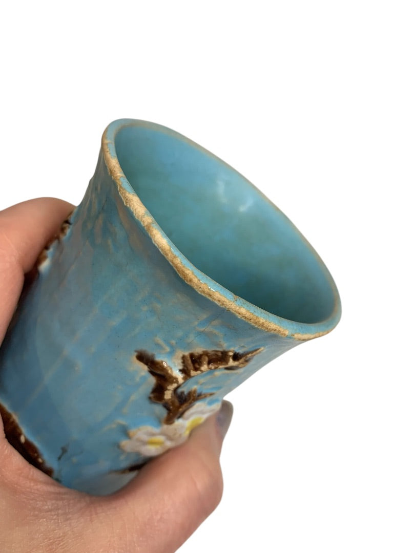 Antique English Majolica Vase Pottery Blue Dogwood 4.75 Inch