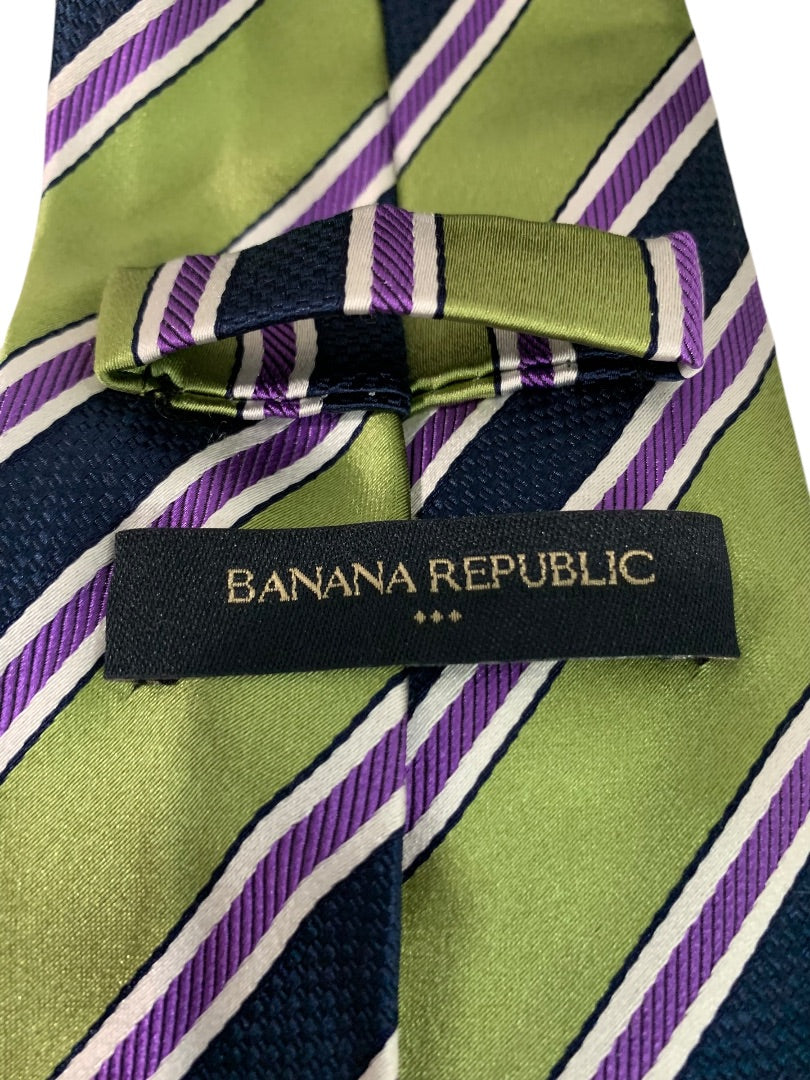 Banana Republic Mens 59 Inch Necktie Tie Silk Green Purple Diagonal Stripe