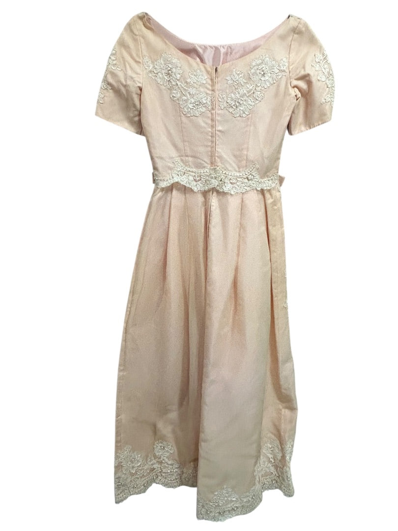 Vintage Handmade Dress Pink Lace Applique Formal 50s Tea Length