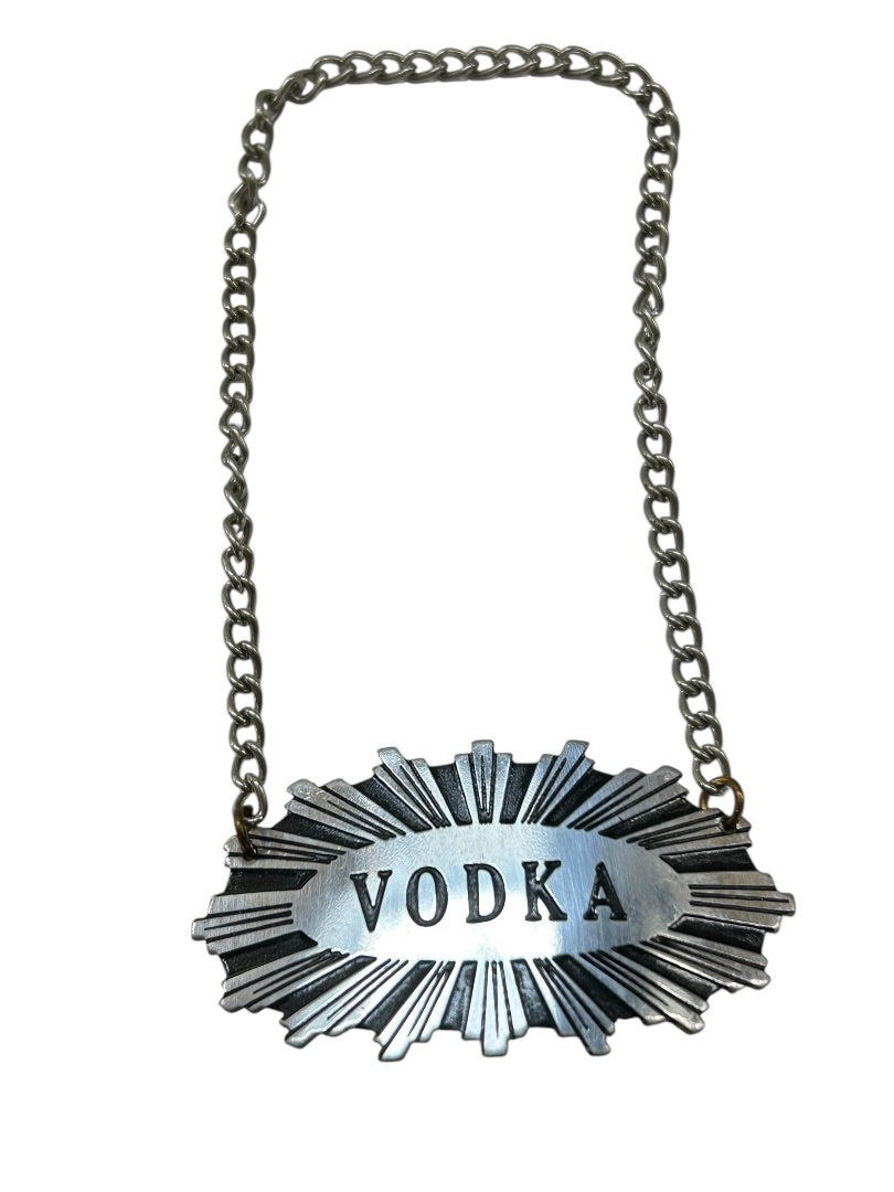Silvertone Vodka Label Tag on Chain Starburst Design 2 Inch