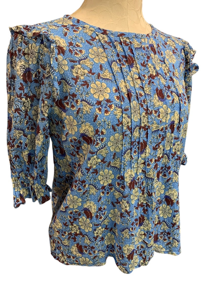 Small Petite Loft Womens Sheer Floral Metallic Threaded Half Sleeve Blouse