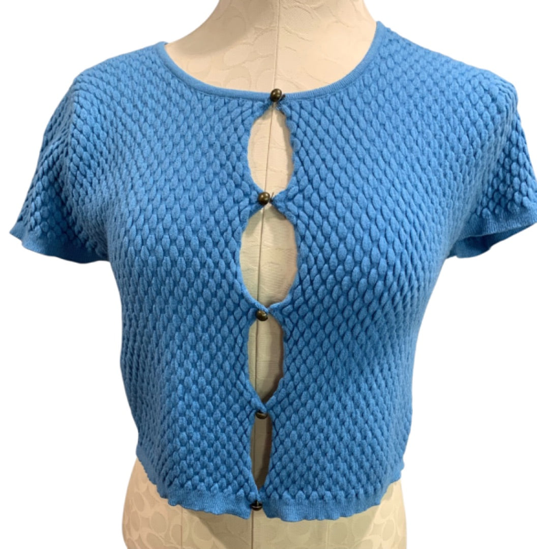 Large Kendall & Kylie Junior Womens Blue Textured Short Sleeve Cardigan Sweater