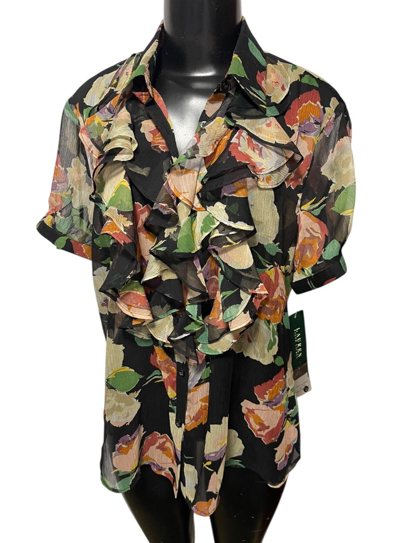 XL Lauren Ralph Lauren Sheer Floral Ruffled Button Down Blouse New Womens