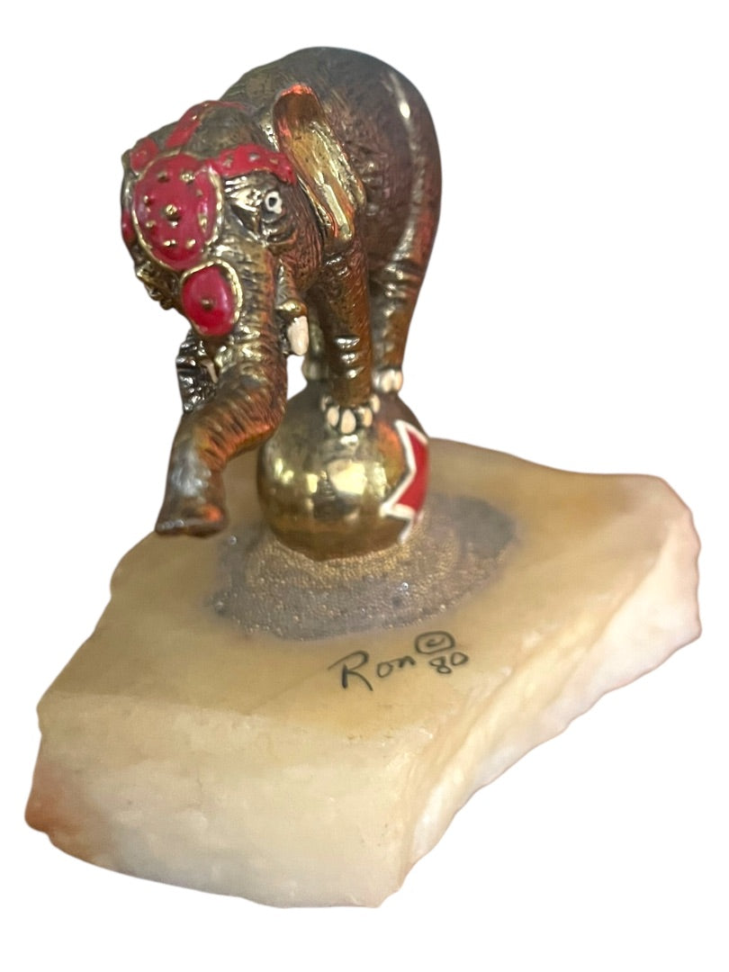 1980 Ron Lee Sculpture Circus Elephant on Ball Quartz Signed Goldtone