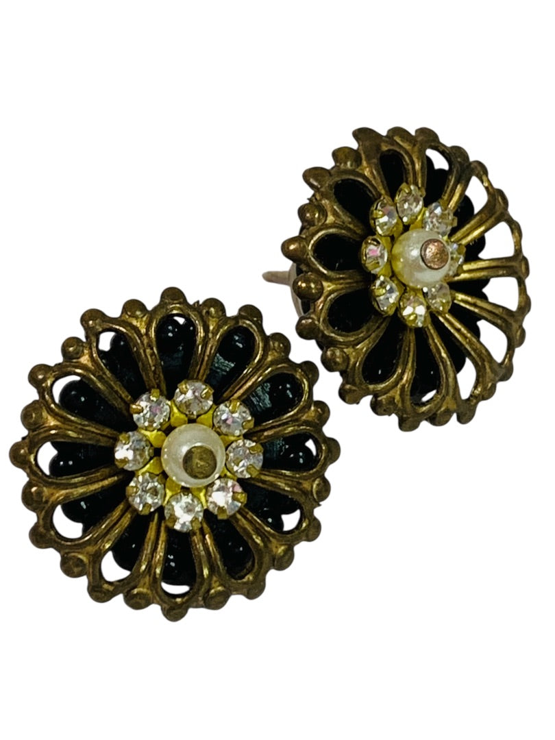 Retro Style Post Pierced Earrings Goldtone Black Beaded Rhinestones .8"